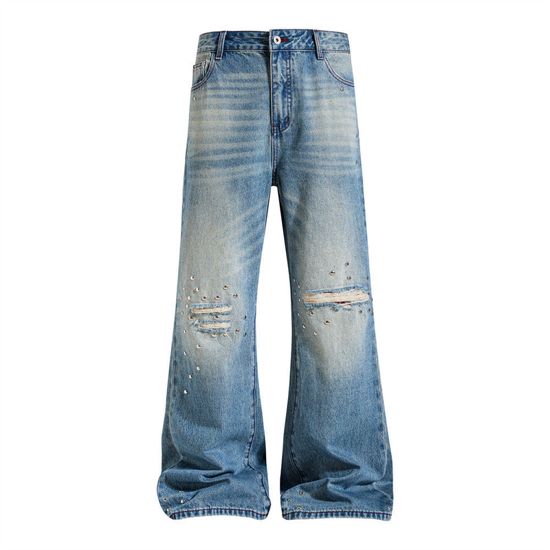 Men's Distressed Wide-Leg Flare Jeans with Stud Details – Washed Blue