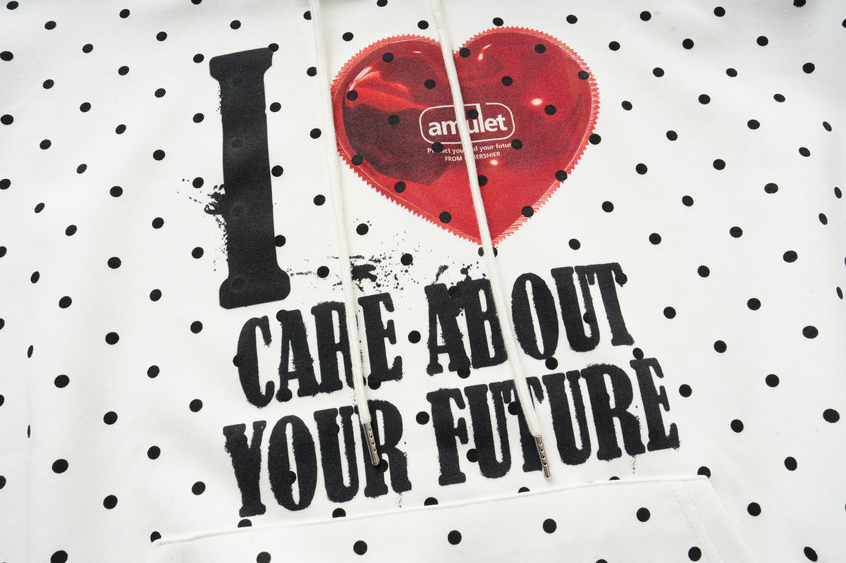 Polka Dot Graphic Hoodie – "I Care About Your Future" Heart Print, Cream