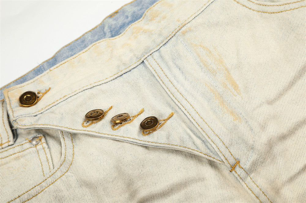 Men's Wide-Leg Distressed Jeans – Mud-Dye Washed, Diagonal Button Fly, Flare Hem
