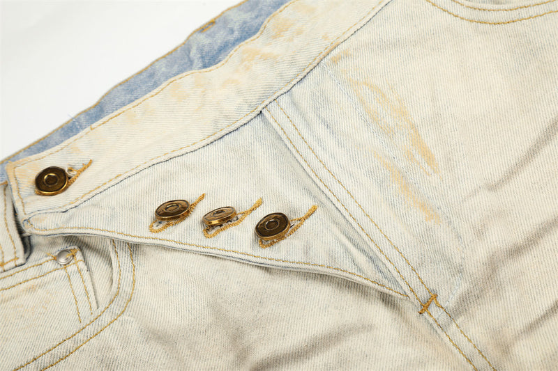 Men's Wide-Leg Distressed Jeans – Mud-Dye Washed, Diagonal Button Fly, Flare Hem
