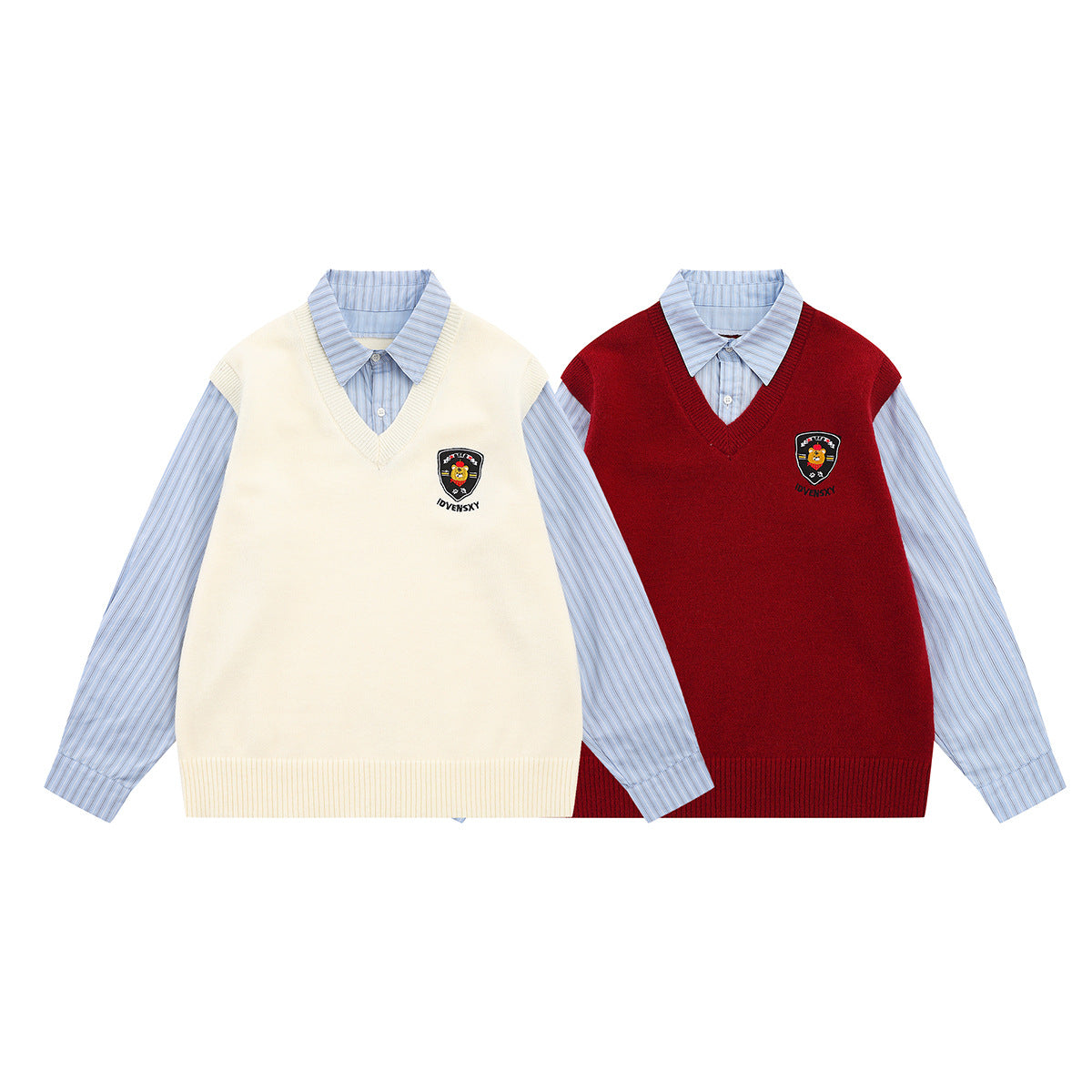 Campus-Style Knit Sweater Vest Layered Shirt with Badge Patch and Striped Tie