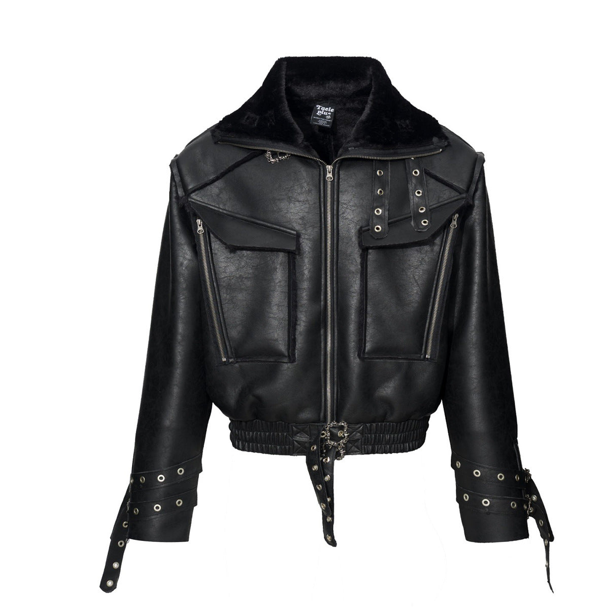 Black faux-leather bomber jacket with faux-fur collar, dual cargo chest pockets, eyelet-studded cuffs, and chain hardware det