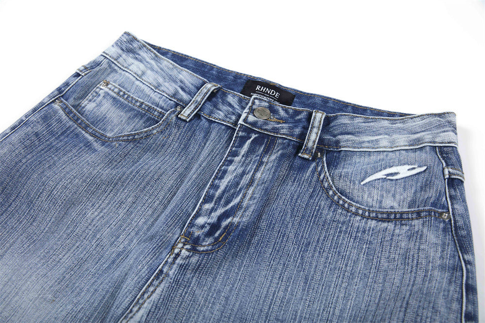 Wide-Leg Jeans Men's Washed Denim with Tribal Wing Graphic Print