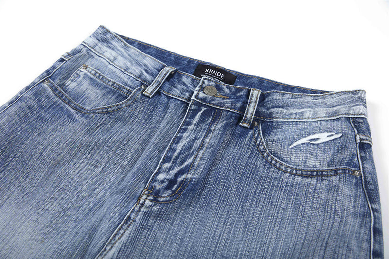 Wide-Leg Jeans Men's Washed Denim with Tribal Wing Graphic Print