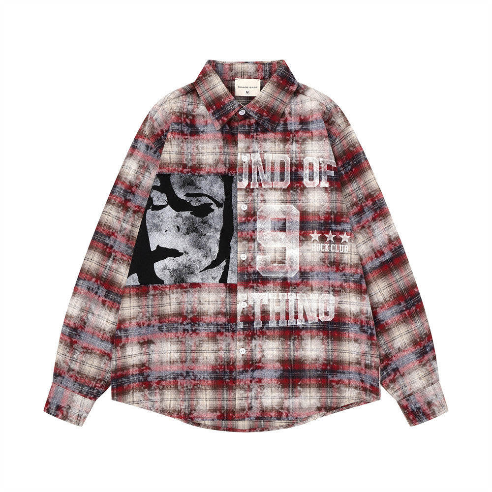 Men's bleach-washed plaid long sleeve shirt with abstract face graphic and Rock Club lettering in red colorway, front view