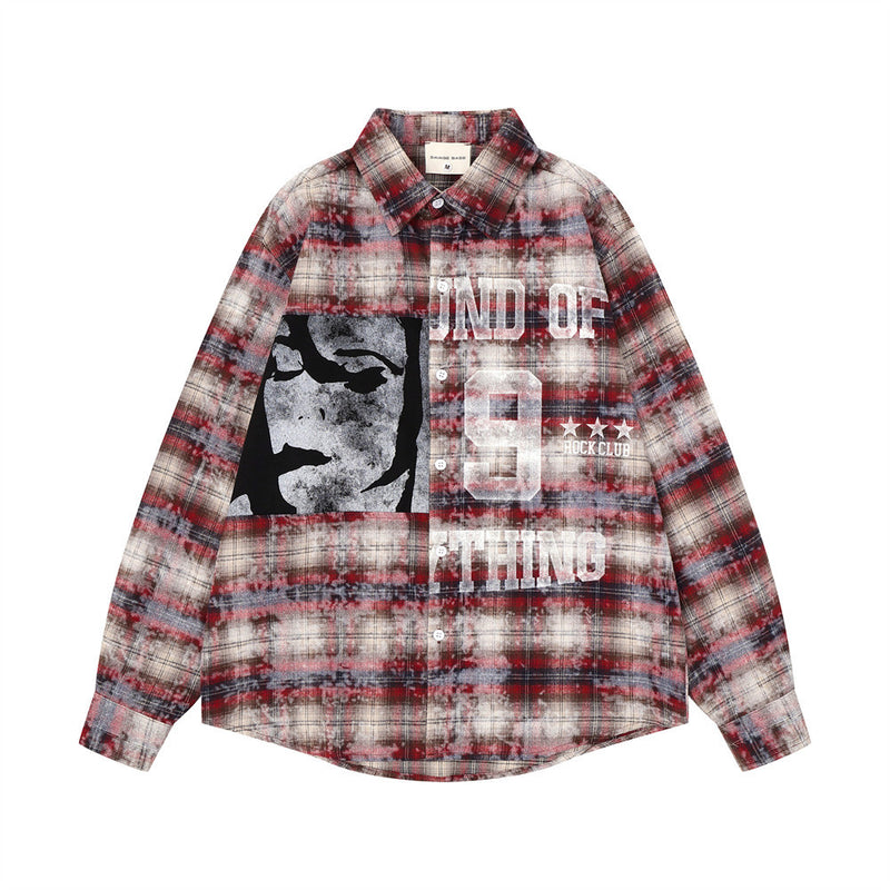 Men's bleach-washed plaid long sleeve shirt with abstract face graphic and Rock Club lettering in red colorway, front view