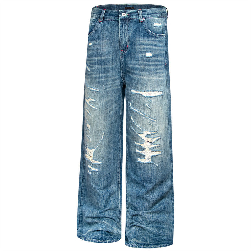 Wide-Leg Distressed Jeans – Men's Washed Blue Baggy Straight Denim