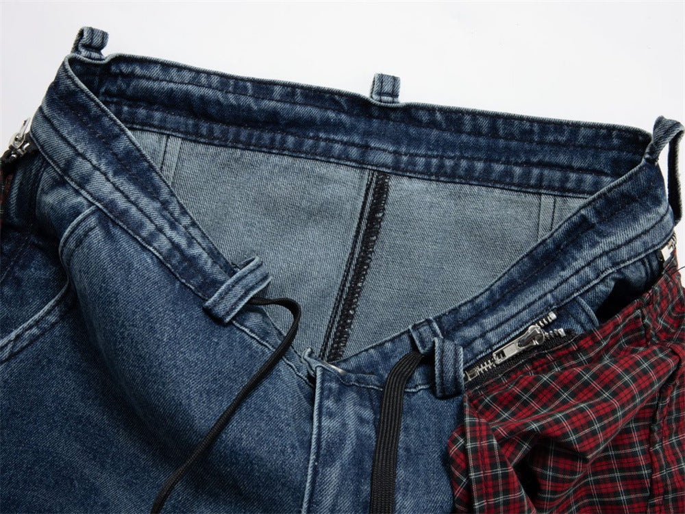 Wide-Leg Baggy Jeans with Detachable Plaid Skirt Overlay — Men's Punk Street
