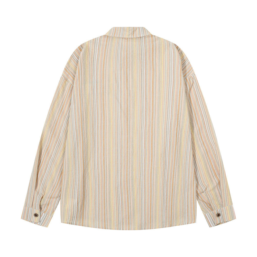 Back view of a beige striped long sleeve button-up shirt with relaxed fit