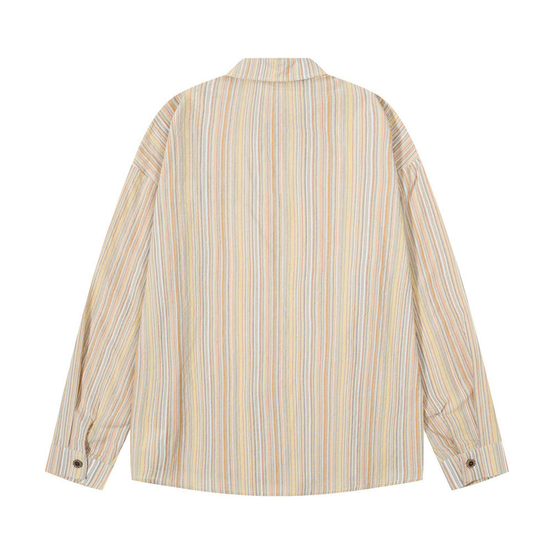 Back view of a beige striped long sleeve button-up shirt with relaxed fit