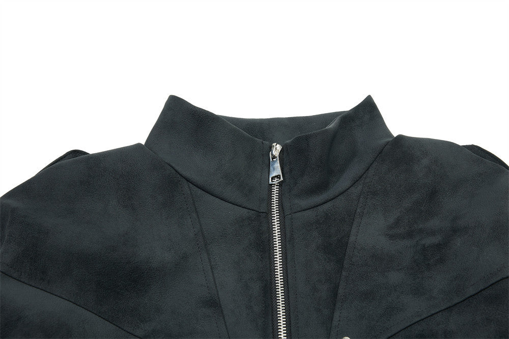 Men's Retro Distressed Suede-Texture PU Leather Stand Collar Bomber Jacket
