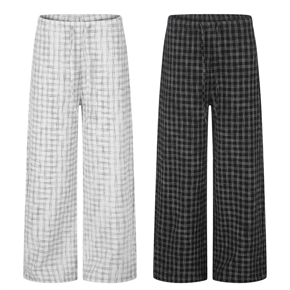 Men's wide-leg straight-fit plaid trousers in black grid check pattern with elasticated drawstring waist