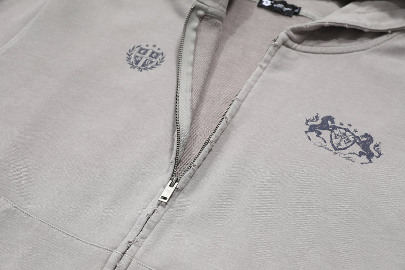 Zip-Up Cropped Hoodie Acid Wash Heraldic Crest Streetwear