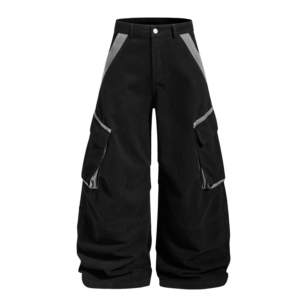 Wide-Leg Cargo Pants with Multi-Pocket Contrast Panel Design