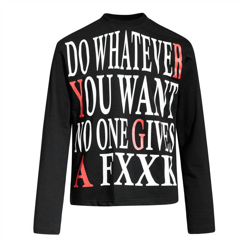 Men's oversized long sleeve graphic tee with bold white and red letter print on black, mock neck collar, front view