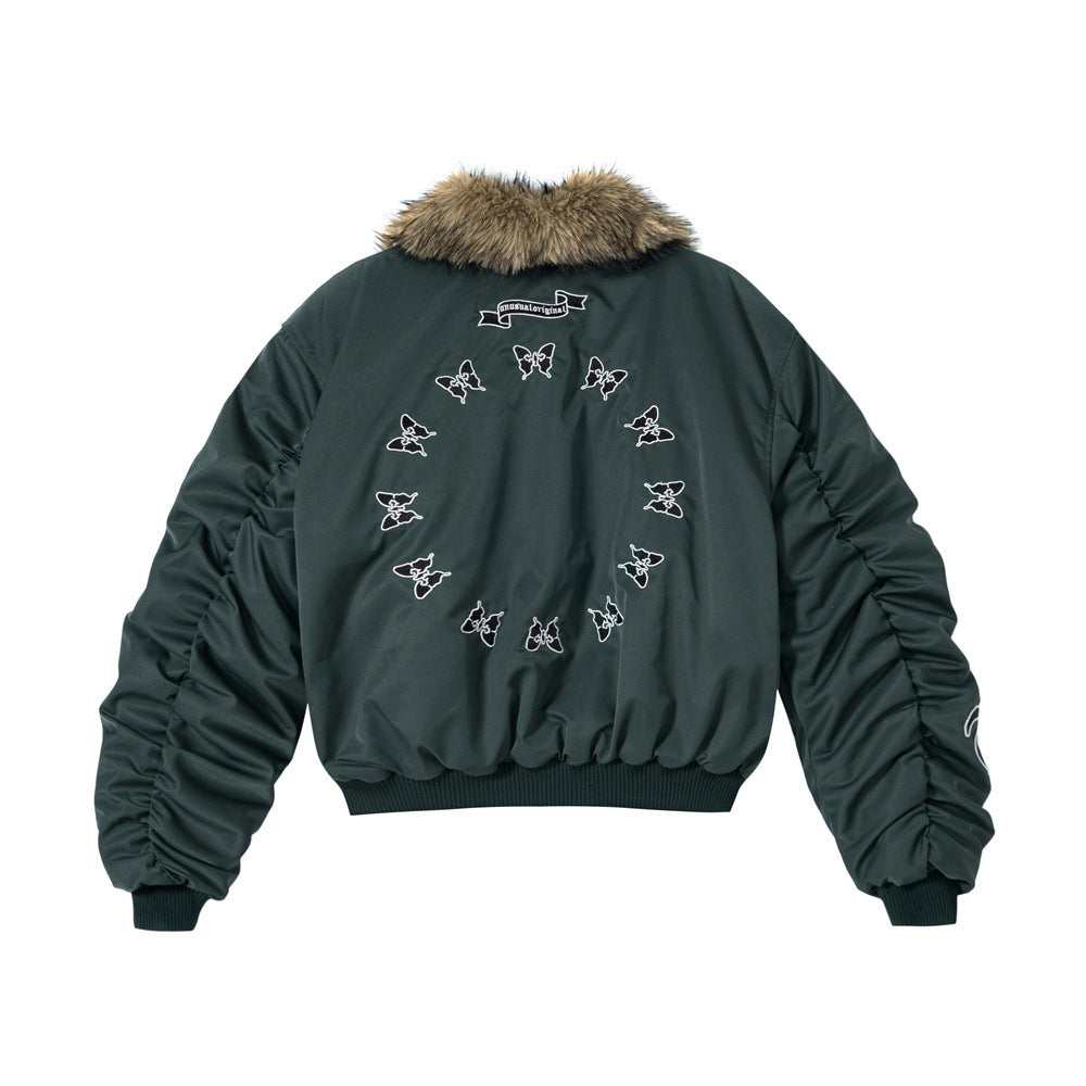 Blouson bomber homme à col en fourrure – Broderies papillons et manches froncées