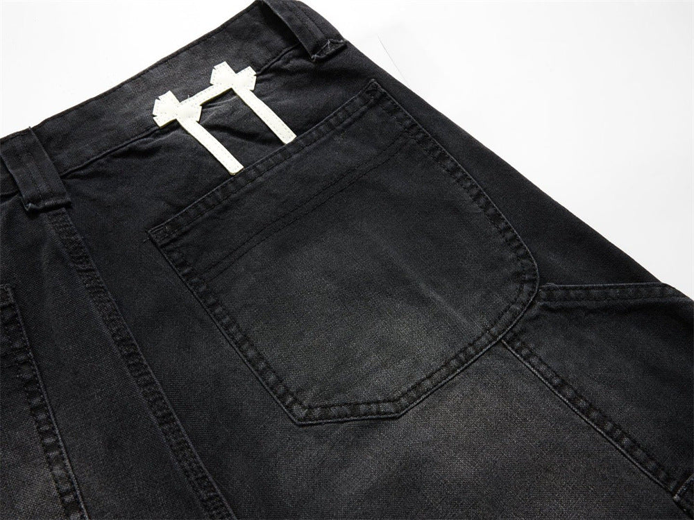 Black Washed Wide-Leg Cargo Jeans with Cross Embroidery Patches