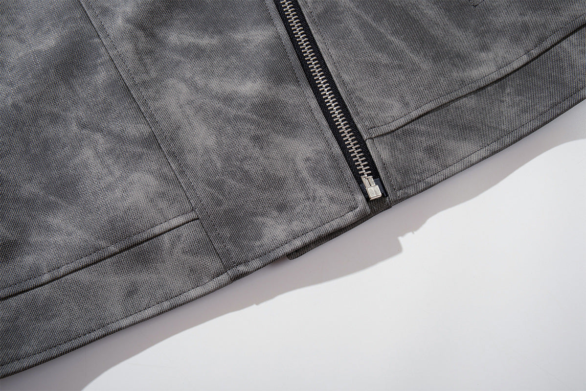 Distressed Grey Moto Jacket – Asymmetric Zip, Relaxed Fit