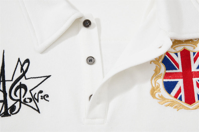 Men's Long-Sleeve Polo Shirt with Embroidered Music Badge & Union Jack Crest