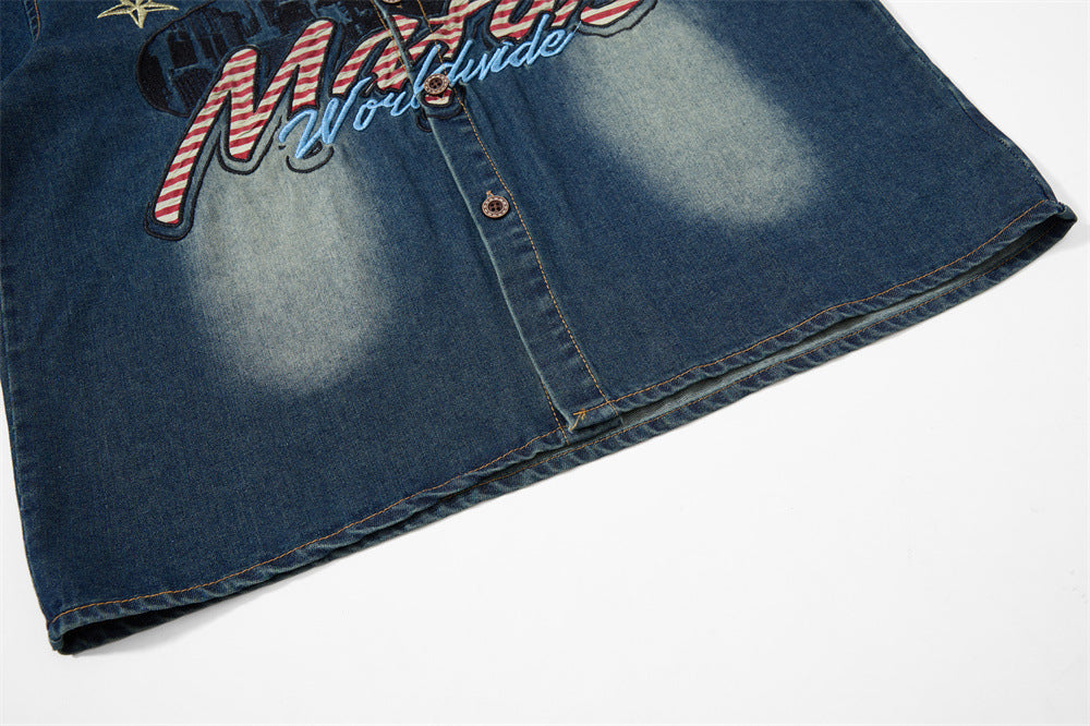 Mafas Worldwide Star Embroidered Washed Denim Shirt – Short Sleeve Oversized Fit
