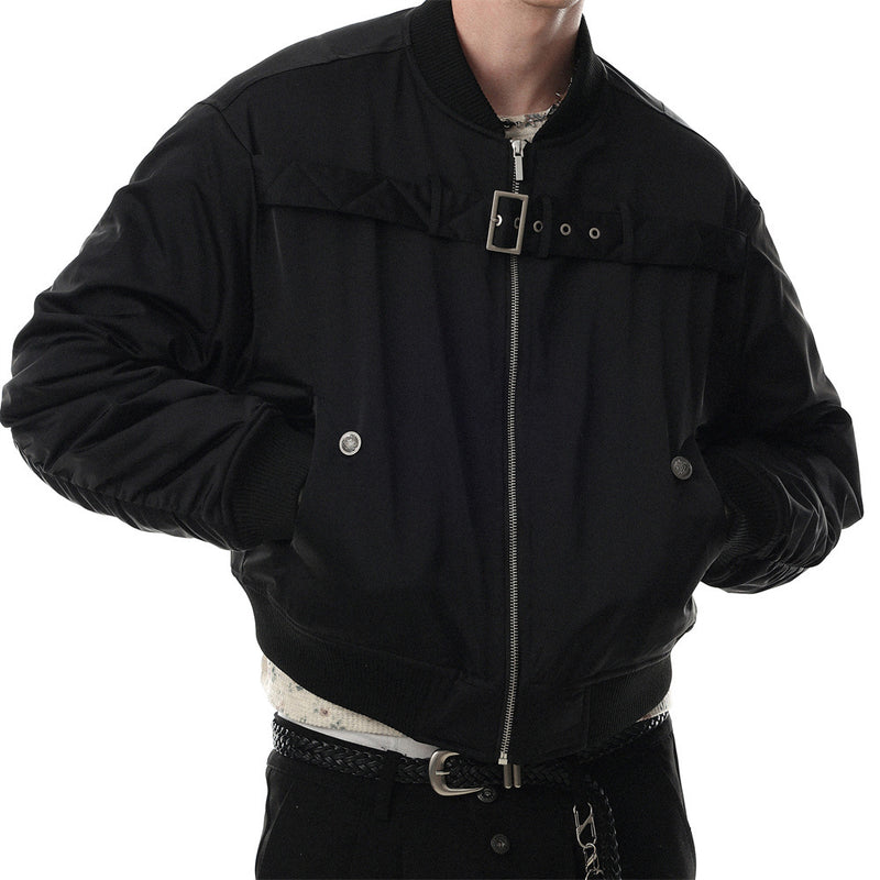 Bomber Jacket Men Oversized Buckle Strap Stand Collar Padded Outerwear