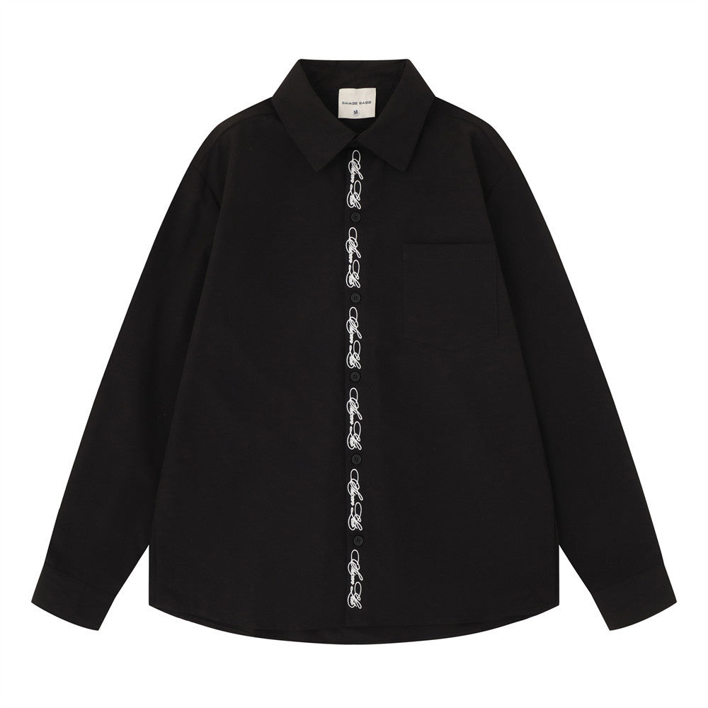 Oversized long-sleeve button-down shirt with script embroidery placket shown in black and off-white colorways