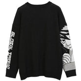 The Death Note Premium Knit Sweater features a black design with "GLOBAL FREAKED" in bold white on the left sleeve and a detailed grayscale depiction of Misa Amane&