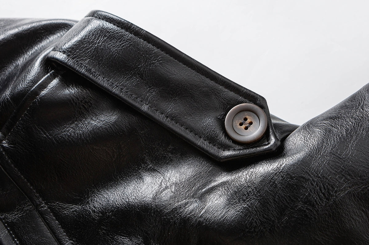 Men's Faux Shearling Collar Leather Bomber Jacket – Oversized Black Winter