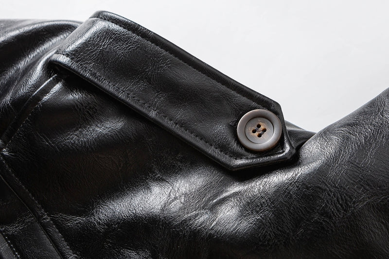 Men's Faux Shearling Collar Leather Bomber Jacket – Oversized Black Winter