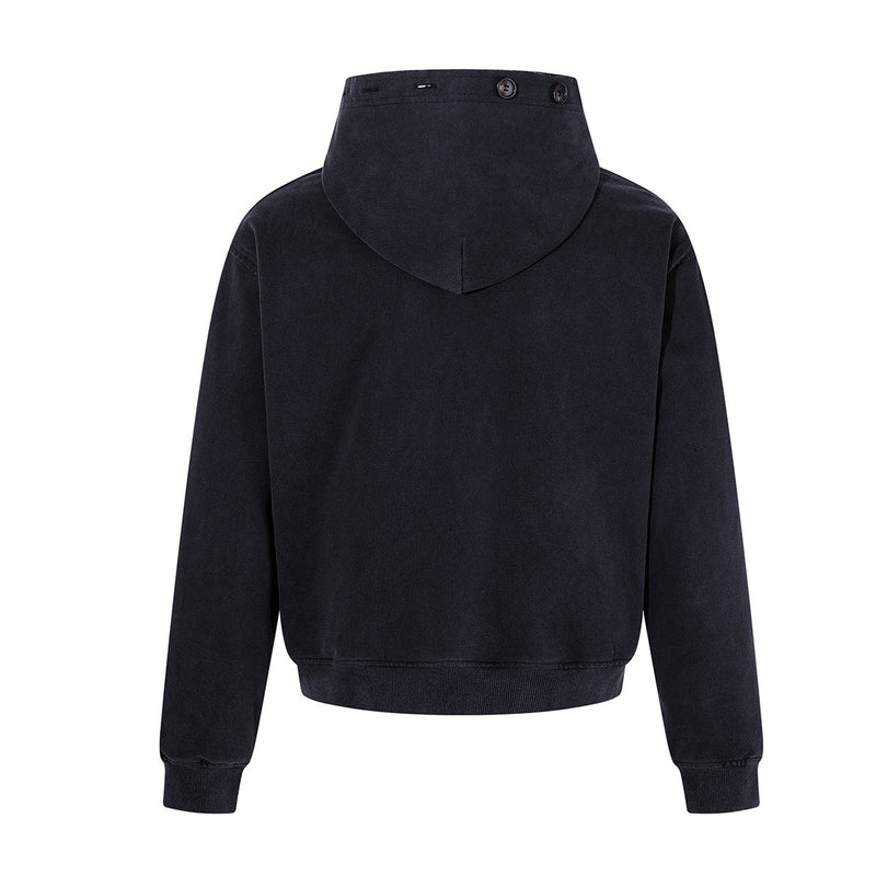 Schwerer Zip-Hoodie – Verwaschenes Schwarz, Streetwear-Design mit mehreren Knöpfen