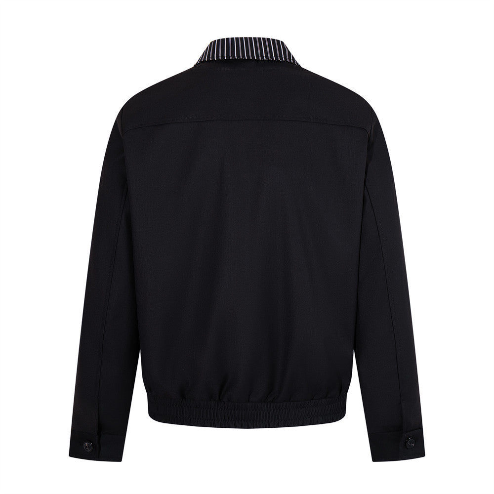 Men's Black Bomber Jacket with Striped Layered Collar