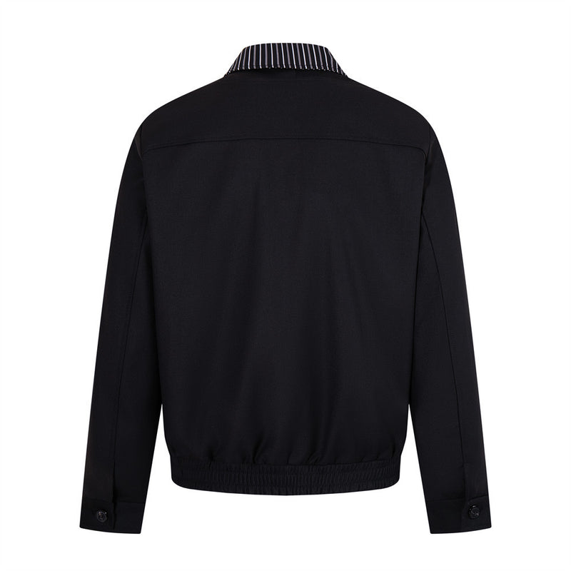 Men's Black Bomber Jacket with Striped Layered Collar