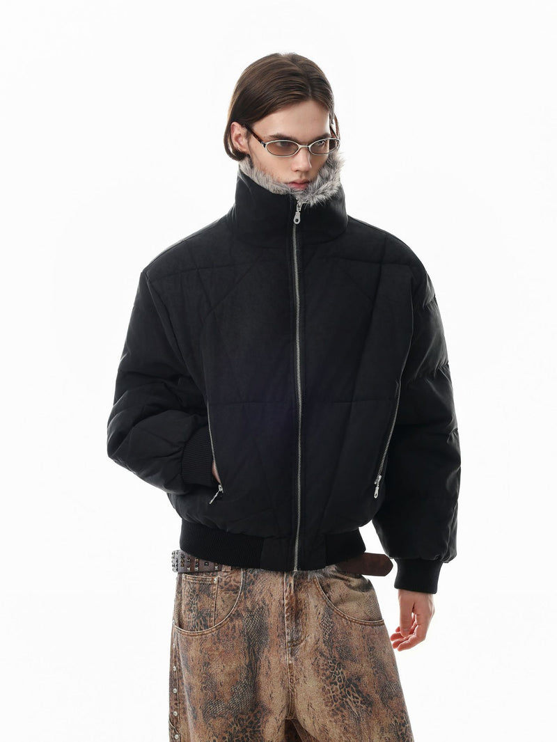 Faux Fur Collar Padded Bomber Jacket – Quilted Puffer Flight Coat