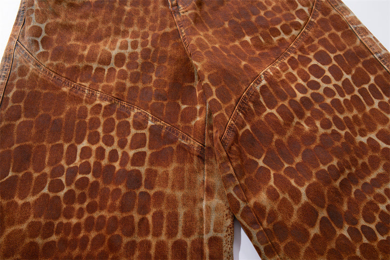 Leopard Print Wide-Leg Denim Shorts – Washed Rust Brown Animal Print