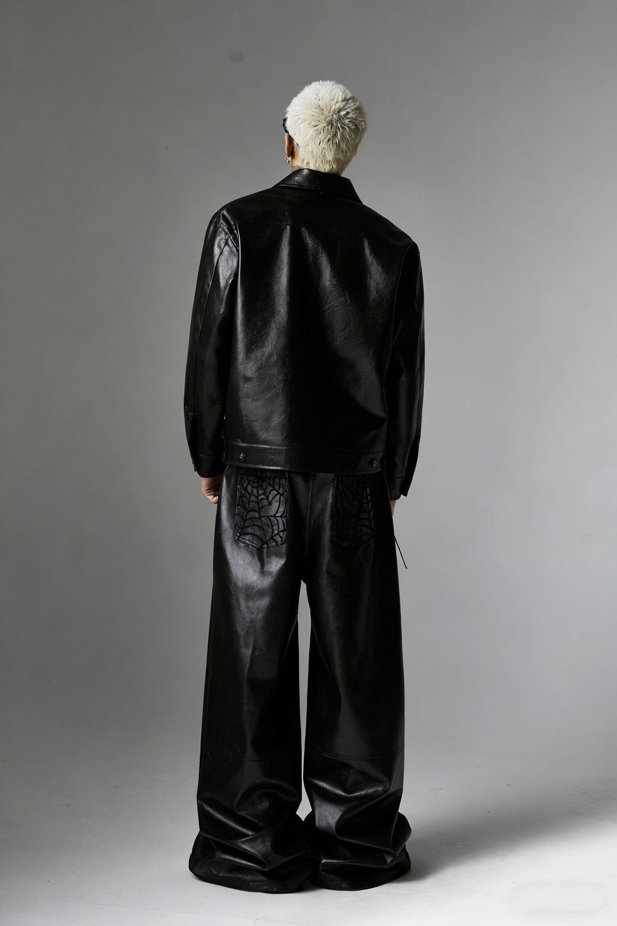 Wide-Leg Faux Leather Pants with Spiderweb Embossed Panels