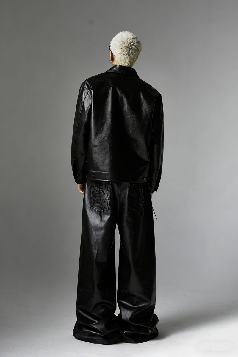 Wide-Leg Faux Leather Pants with Spiderweb Embossed Panels
