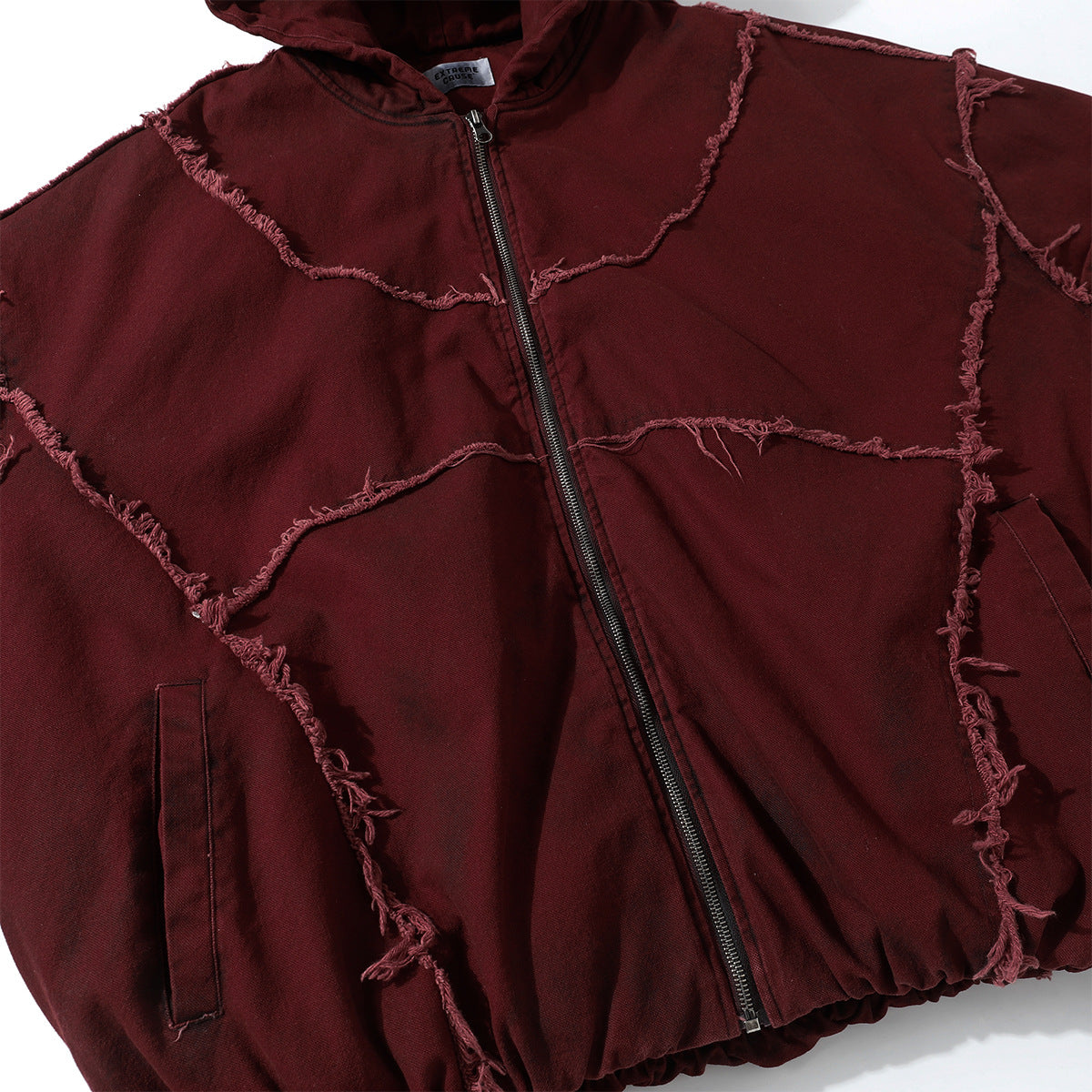 Oversized Hooded Puffer Jacket – Distressed Raw-Edge Washed Streetwear Cotton