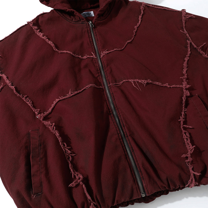 Oversized Hooded Puffer Jacket – Distressed Raw-Edge Washed Streetwear Cotton