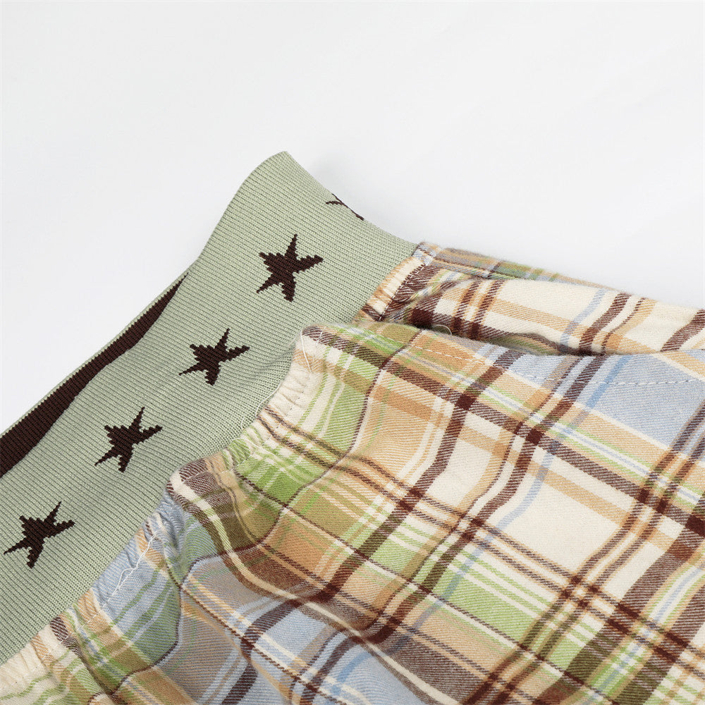 Plaid Wide-Leg Parachute Pants with Elastic Star Waistband & Drawstring Hem