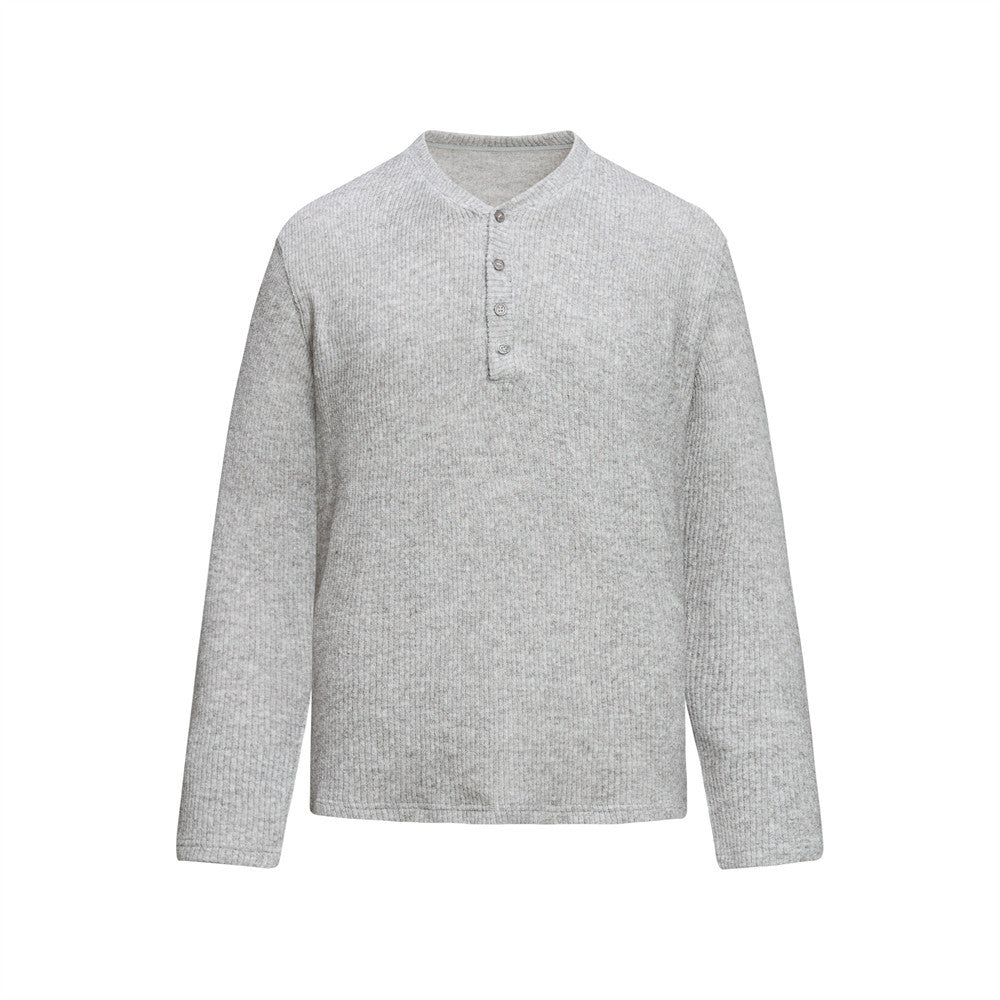 Men's ribbed knit Henley sweater in light grey with 3-button placket and long sleeves