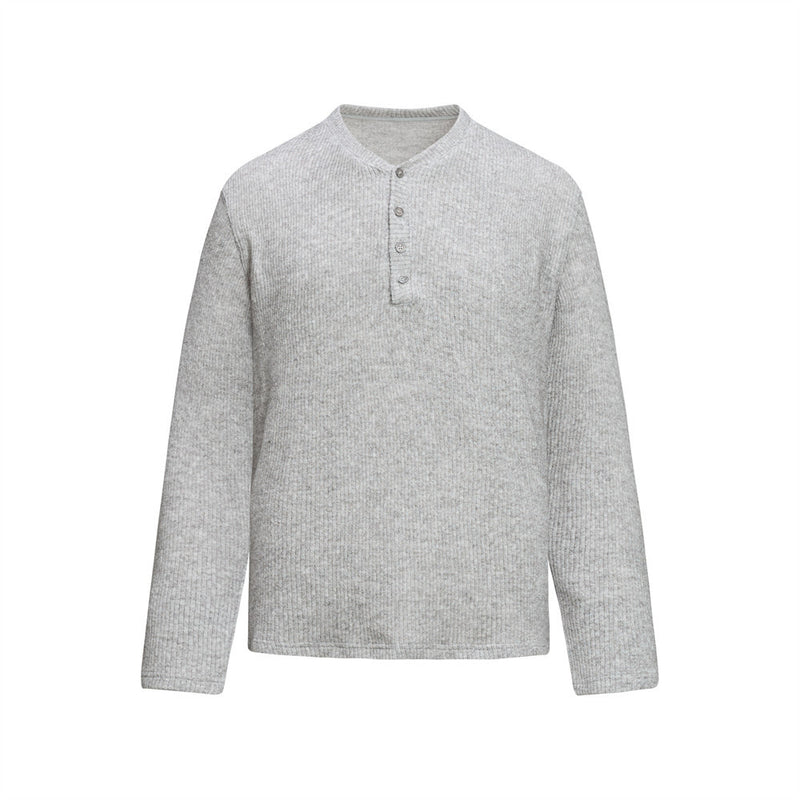 Men's ribbed knit Henley sweater in light grey with 3-button placket and long sleeves