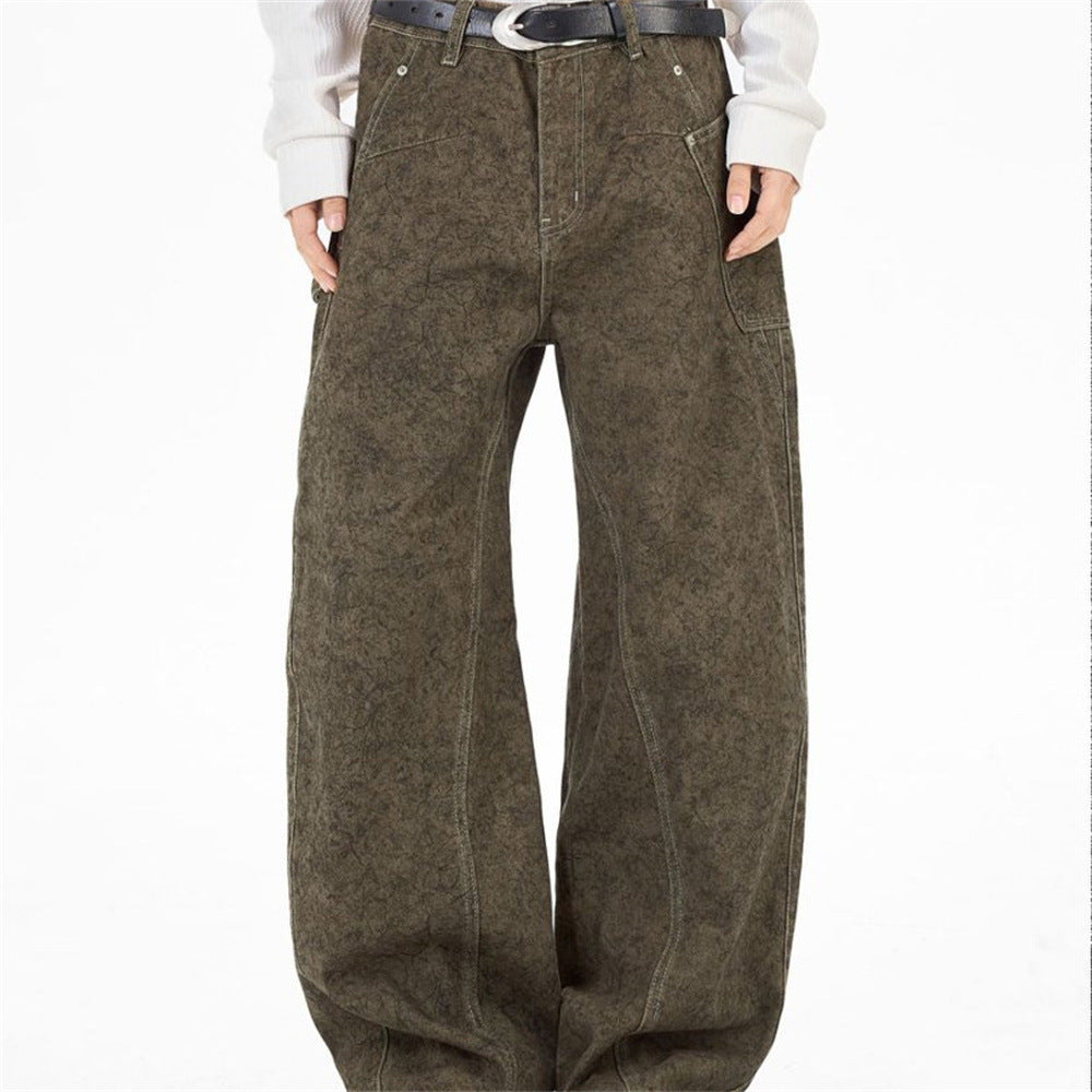 Barrel Leg Carpenter Jeans – Acid Wash Khaki Green Wide Leg Denim