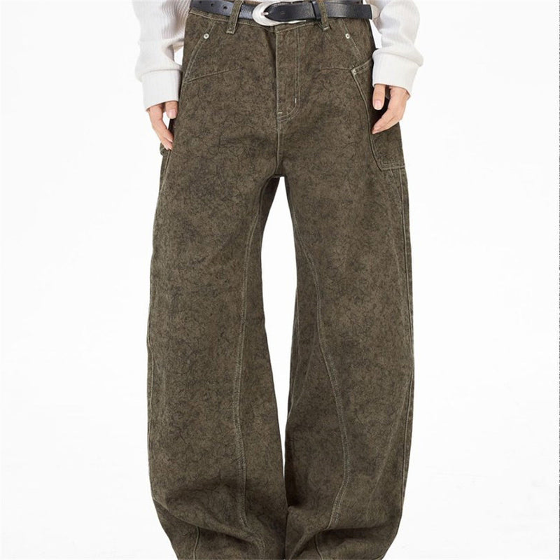 Barrel Leg Carpenter Jeans – Acid Wash Khaki Green Wide Leg Denim