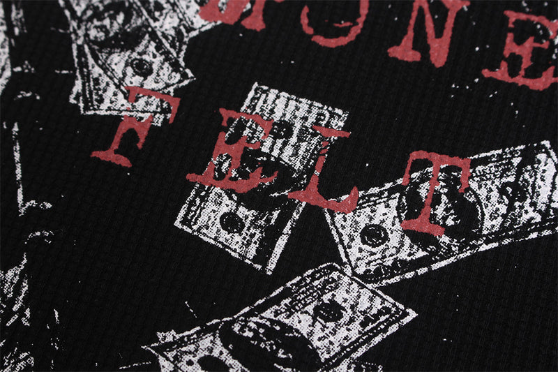 Black Graphic Long Sleeve Tee with Studded Red Collar – Vintage American Print