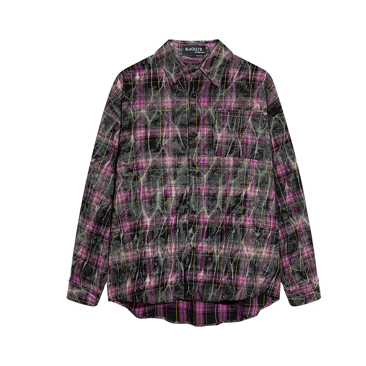 Oversized vintage washed distressed plaid long sleeve shirt in purple, black, and gold, front view