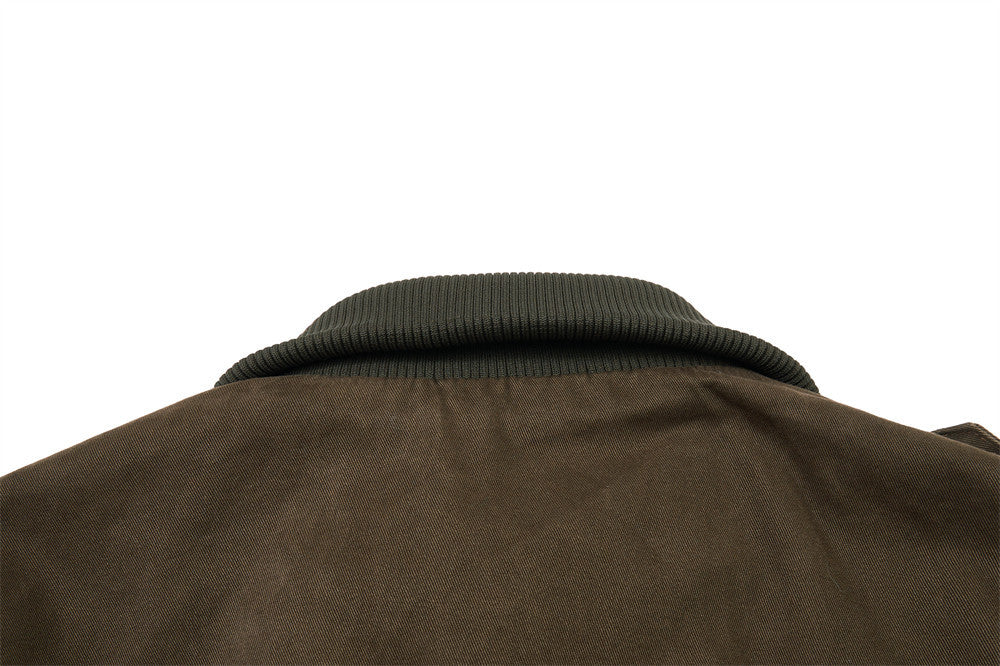 Washed Cargo Bomber Jacket – Men's Oversized Stand Collar with Double Chest Zips