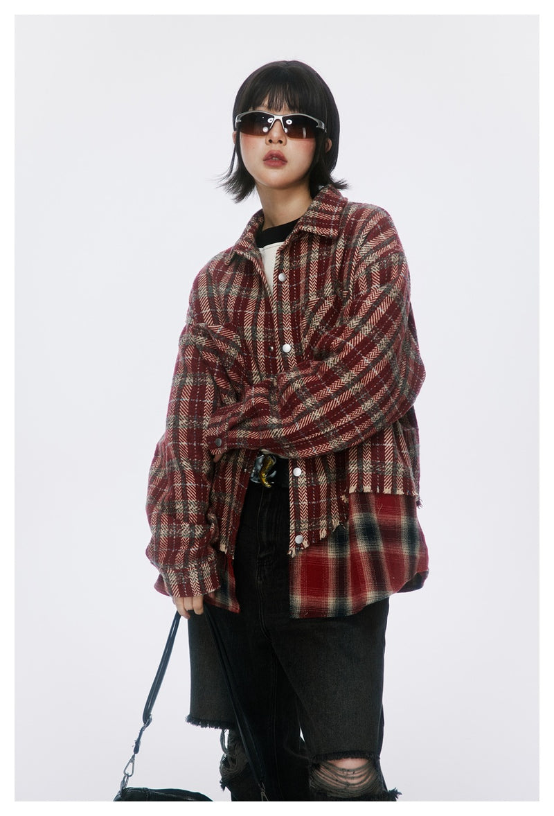 Vintage Plaid Patchwork Fringe Jacket – Oversized Unisex Overshirt