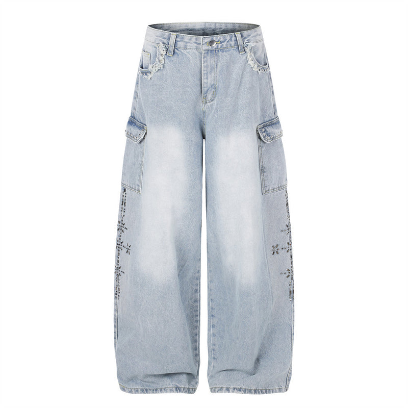 Wide Leg Cargo Jeans with Rhinestone Side Detail & Lace Trim — Light Wash Baggy