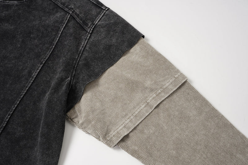 Sudadera efecto superpuesto de lavado ácido con mangas de pana – Deconstruida