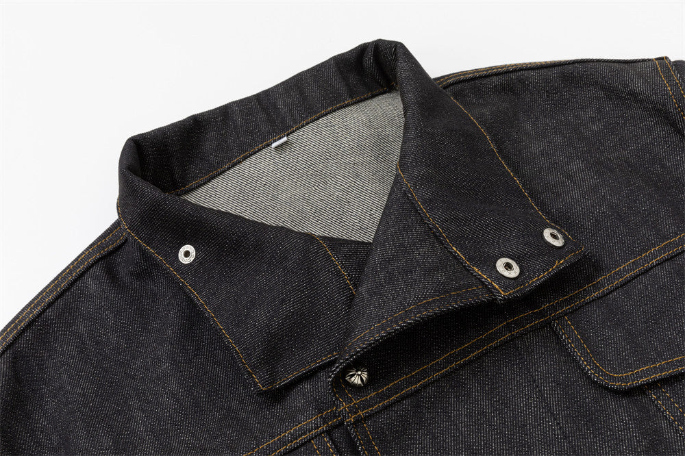 Men's Black Jean Jacket – Stand Collar, Asymmetric Placket & Cropped Silhouette